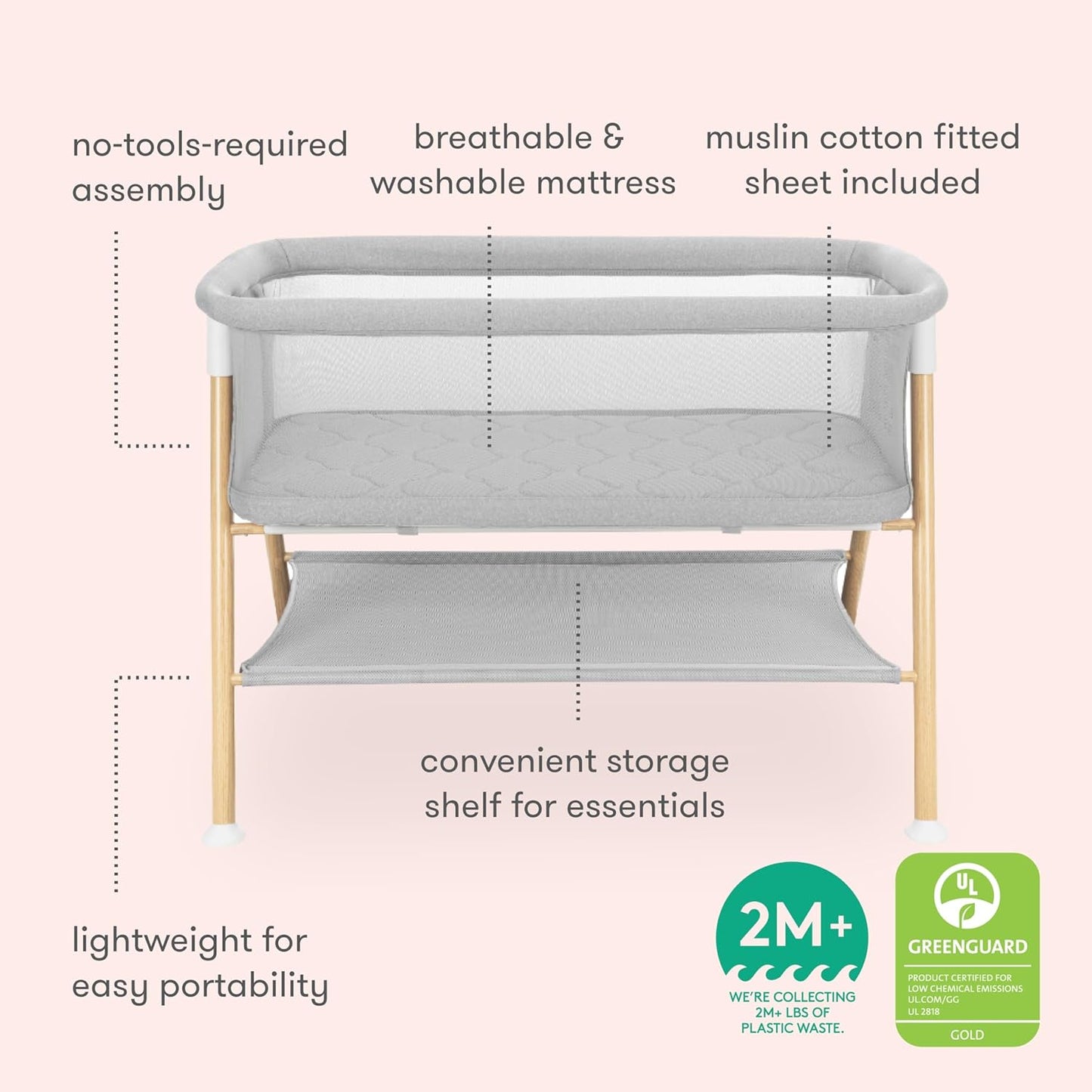 Newton Baby Essential Bassinet – Ultra-Breathable, Completely Washable, More Airflow for Safer, Cooler Sleep, Non-Toxic, Bedside Sleeper, Storage Shelf