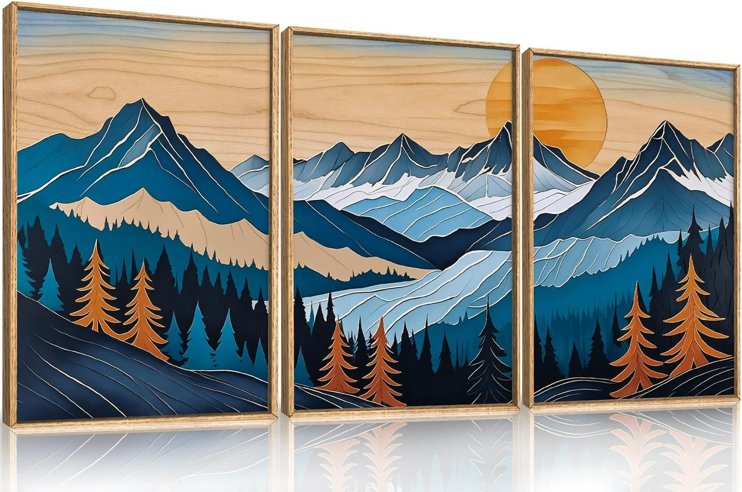 Blue Woodcut Mountain Framed Canvas Wall Art Set, Boho Abstract Ridge Wall Decor, Pine Tree Landscape Wall Painting, Sunrise Forest Art Print for Living Room, Bedroom, Office - 16"X24"X3