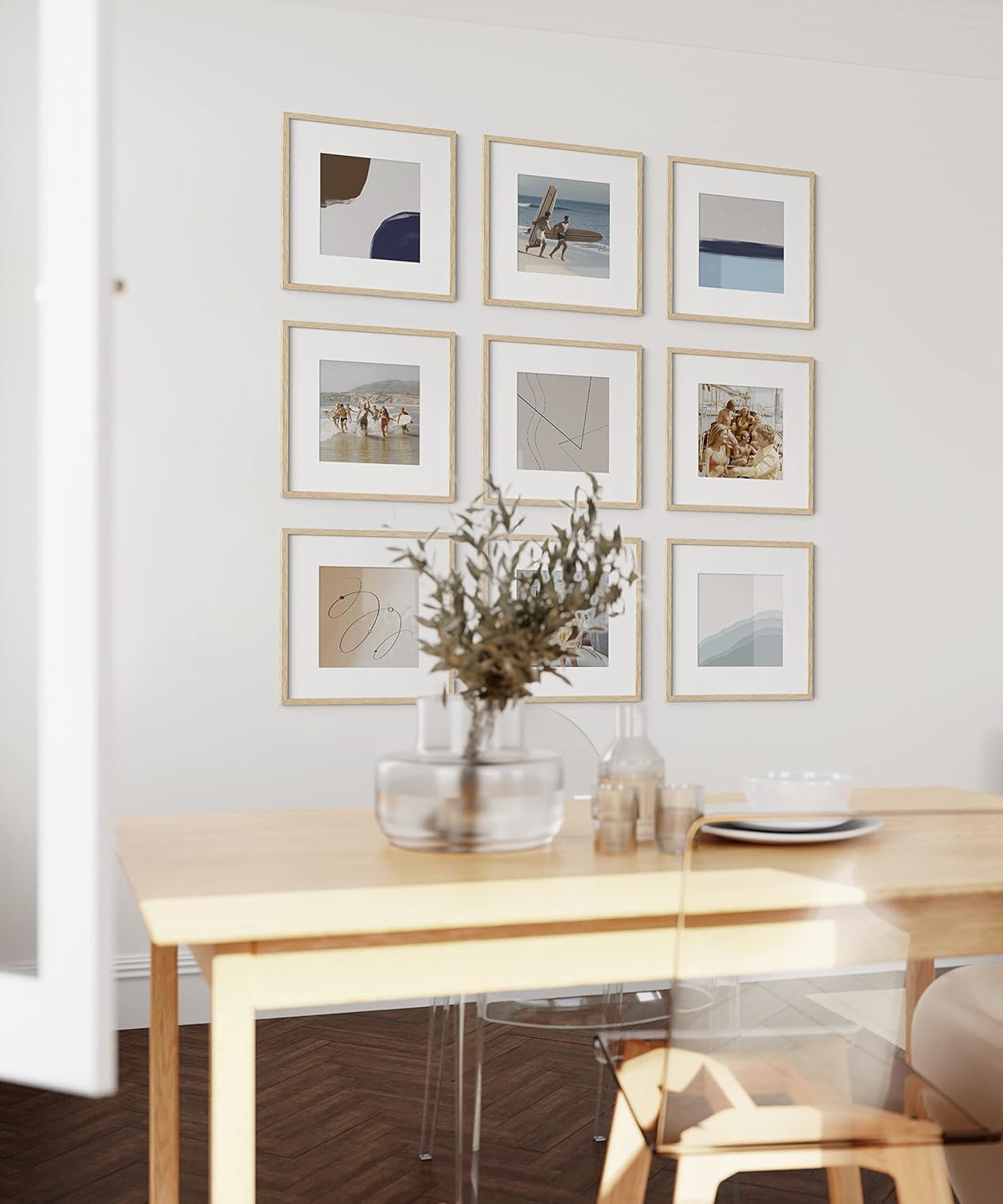 HAUS AND HUES Square Picture Frames 12 x 12 Set of 9 - Photo Gallery Wall Frame Set, Wood 12x12 Frames, 12 x 12 Frames Gallery Wall Set, 12x12 Frame with Mat, Square Frames 12x12 (Beige Oak Frames)