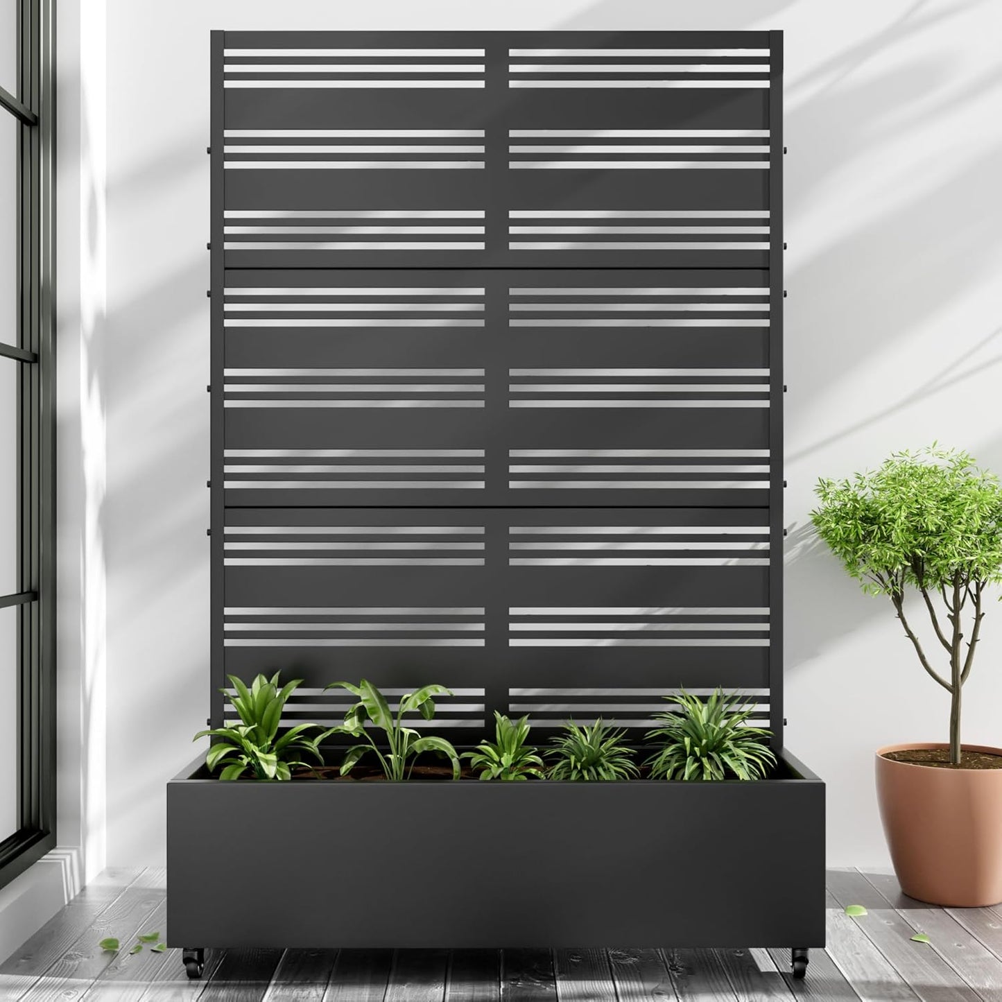 Casaphoria Metal Raised Garden Bed with Trellis and Wheels, 72"x47"x16" Planter Box for Climbing Plants, Vegetables & Vines, Features Drainage Holes and Privacy Screen (Black-Harold)