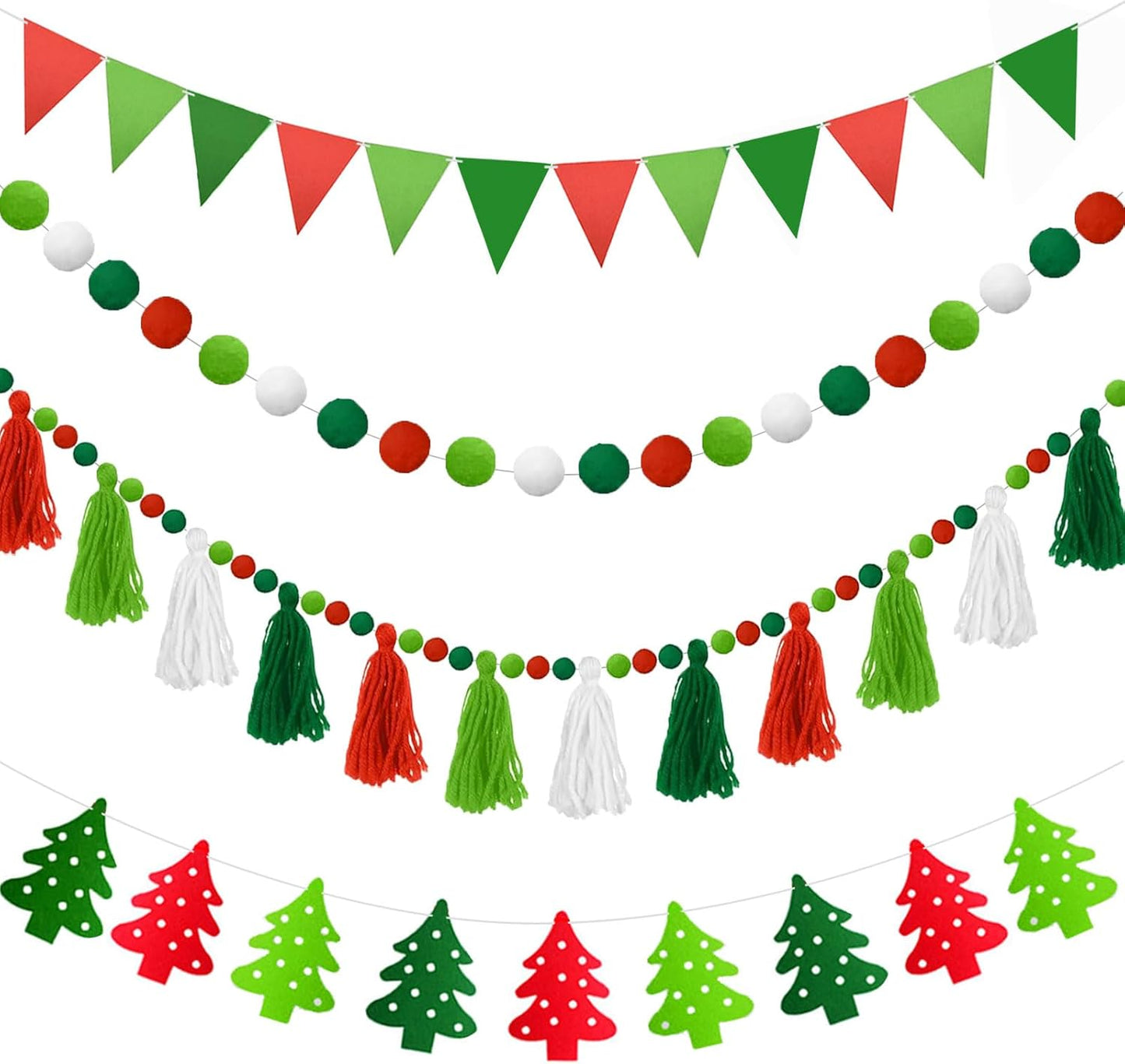 4 Pcs Christmas Tassel Garlands, 9.8 Feet Pom Pom Balls Garland Decor, Colorful Felt Fabric Pennant Banner, Boho Pastel Tassel Wall Door Hanging Decor for Xmas Party Classroom Home Ornament