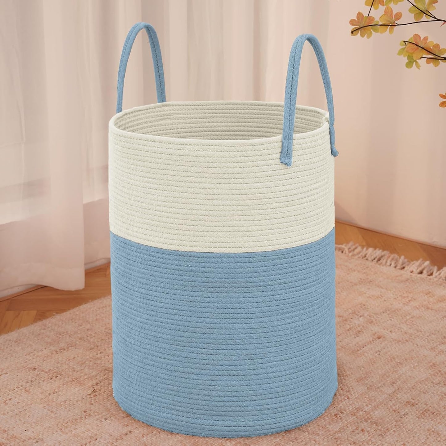 Large Woven Laundry Basket Hamper,60L Cotton Rope Storage Bin for Blankets,Toys and Clothes,Decorative Tall Nursery Hamper for Living Room,Baby Nursery,Bathroom and Bedroom,White and Blue