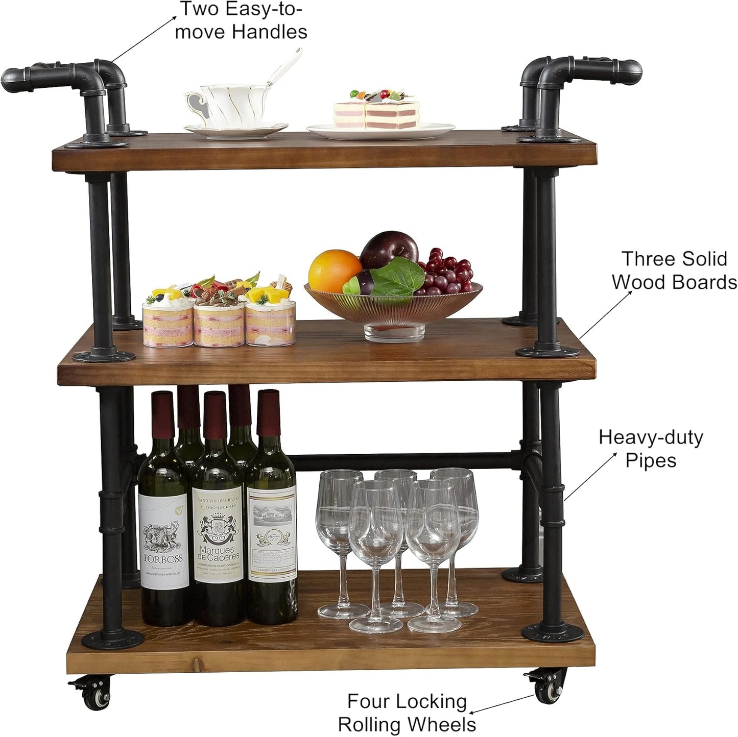 Industrial Pipe Bar Carts/Serving Carts/Kitchen Carts/Wine Rack Carts on Wheels with Shelves - Wood Rolling Carts - Wine Tea Liquor Shelves/Holder - Home Furniture
