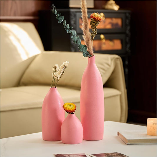 Matte Pink Vase Set of 3 - Modern Boho Aesthetic Bud Ceramic Vases Home Decor - Centerpieces Decor for Dining Table Living Room Coffee Table Bookshelf Mantle Entrance Console Decorations (Pink)
