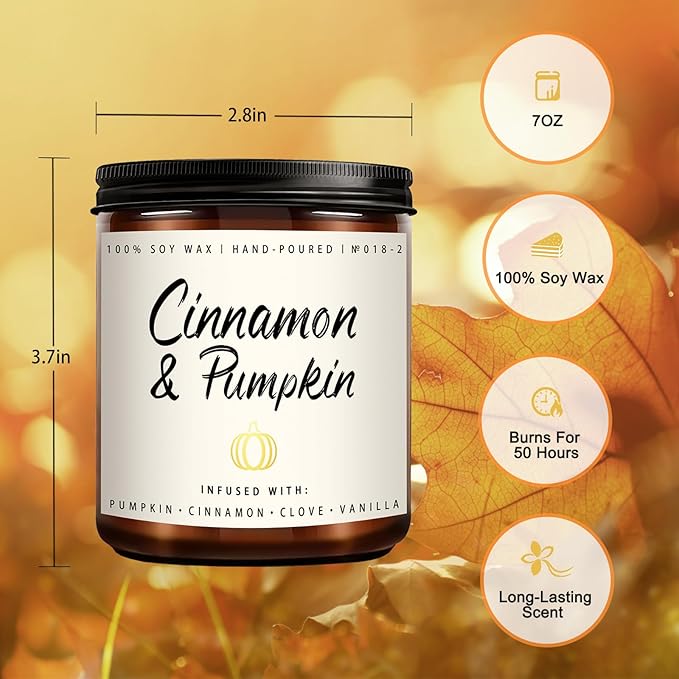 Cinnamon & Pumpkin Scented Candle – Fall Candles for Home Scented, Soy Candles for Home, 7 oz Cozy Pumpkin Candle for Women & Men, Autumn Décor & Holiday Gifts