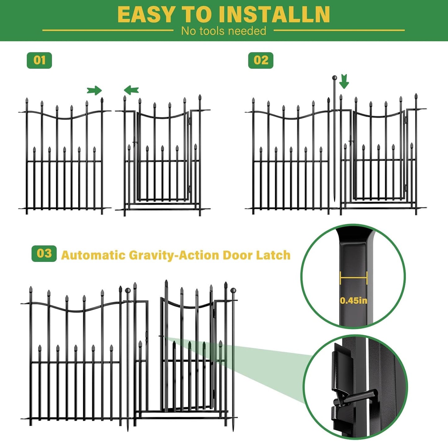 8 Panels No Dig Decorative Garden Fence with Gate, 40in(H) × 17.6ft(L) Heavy-Duty Rustproof Metal Panels, Outdoor Dog Barrier for Yard & Patio, Landscape, Border| Portable Temporary Fencing