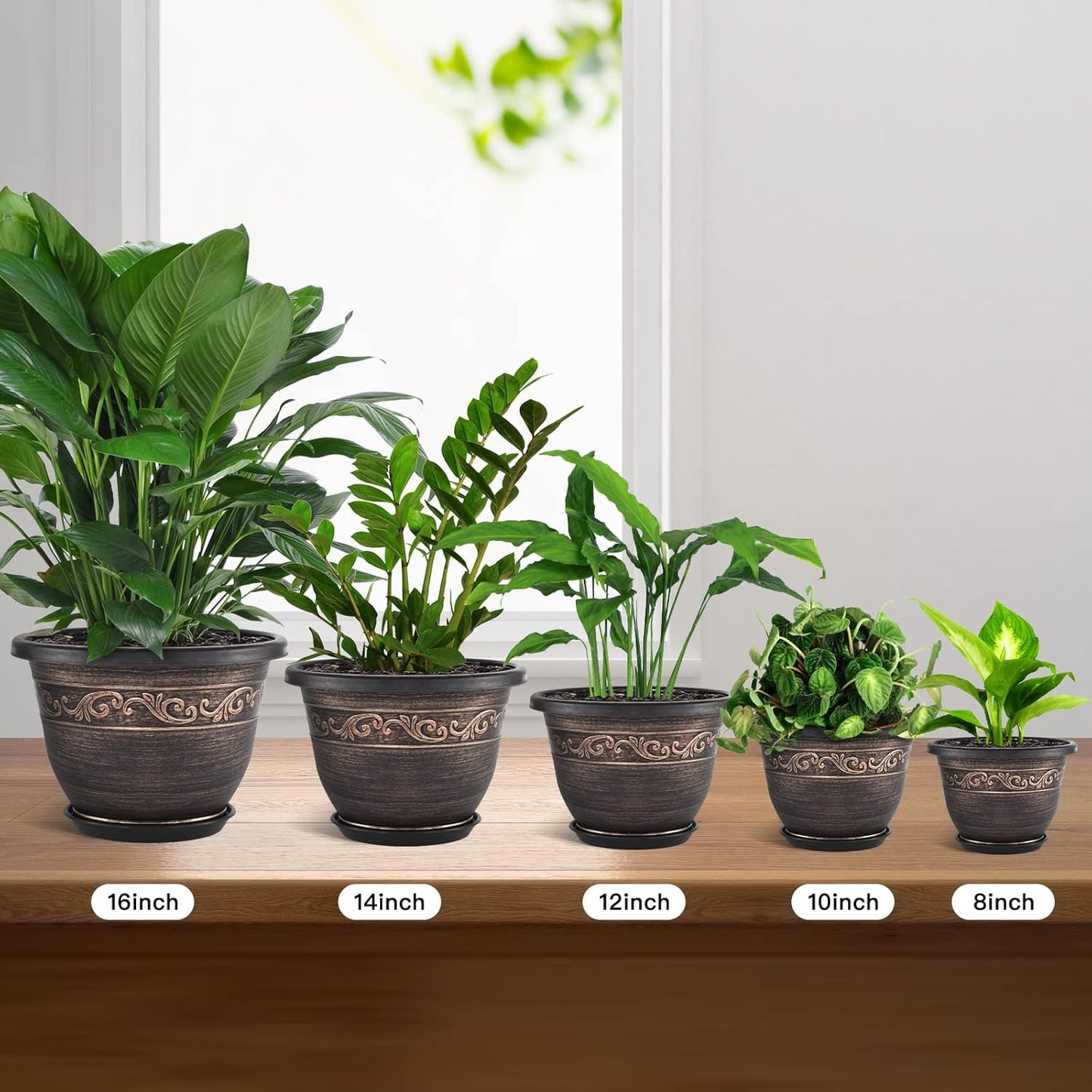 Plastic-Plant-Flower-Planters-14 Inch with Drainage Hole & Saucer, 3 Packs Lightweight Large Resin Flower Pot Indoor Outdoor, Retro Antique Imitation Decorative Garden Containers Sets for Houseplants