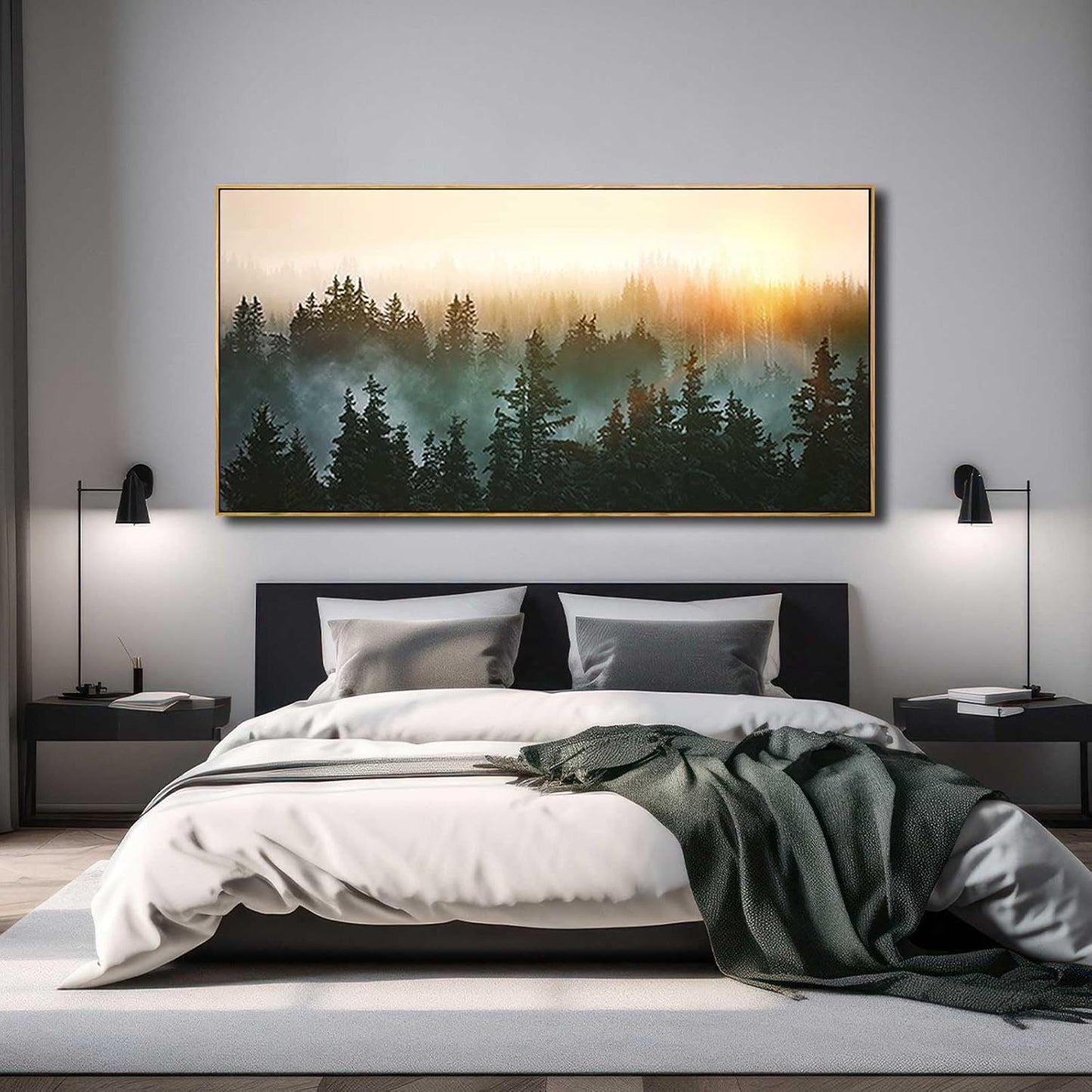 Large Artwork Foggy Forest Canvas Wall Art Landscape Mountain Painting Wall Art for Bedroom Living Room Kitchen Office Framed Wall Art 30x60 Inch