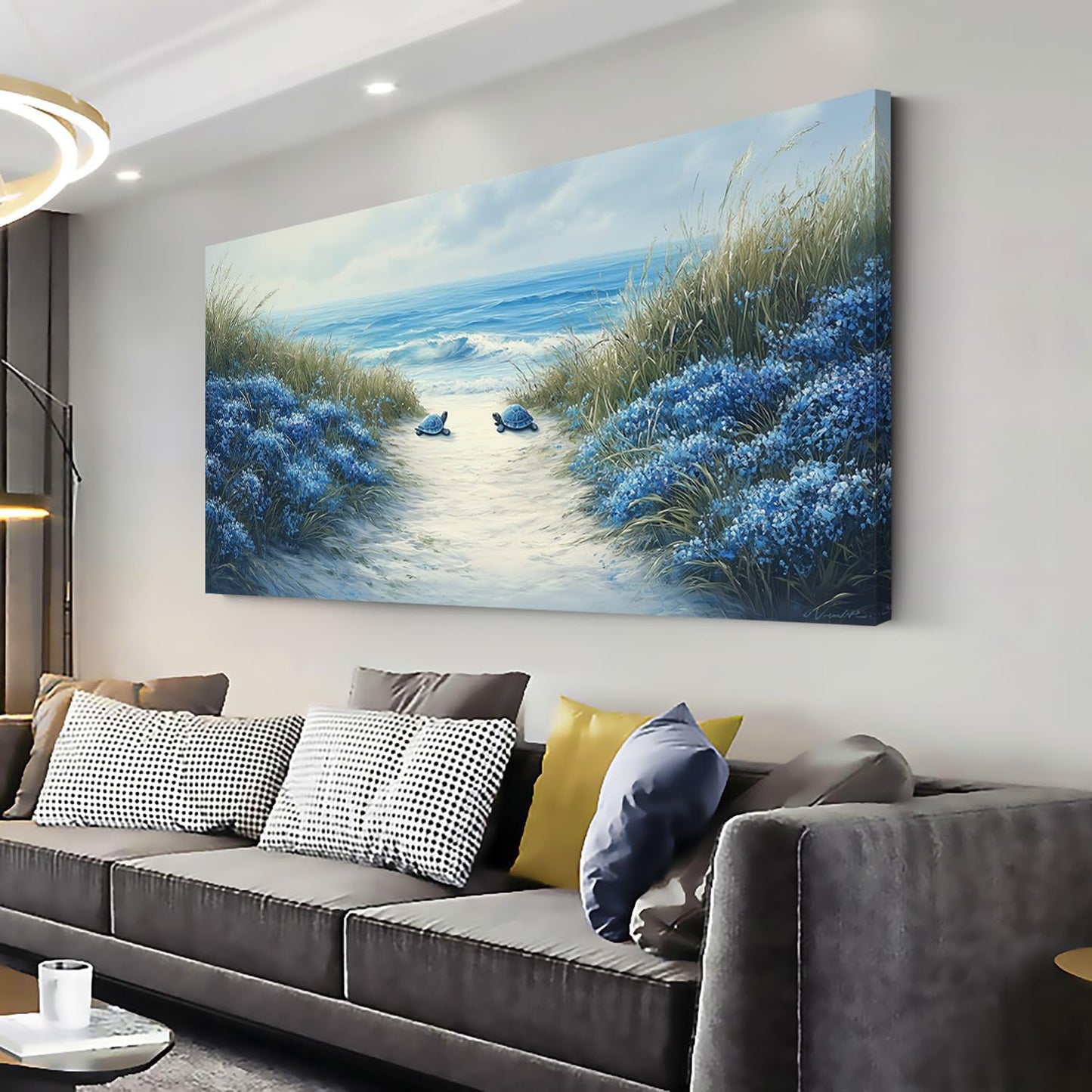 LASMOND Romantic Beach Wall Art for Living Room Blue Sea Turtle Lovers Canvas Painting Prints Ocean Sandy Romance Flowers Large Bedroom Office Decor Artwork (46x23 Inches)
