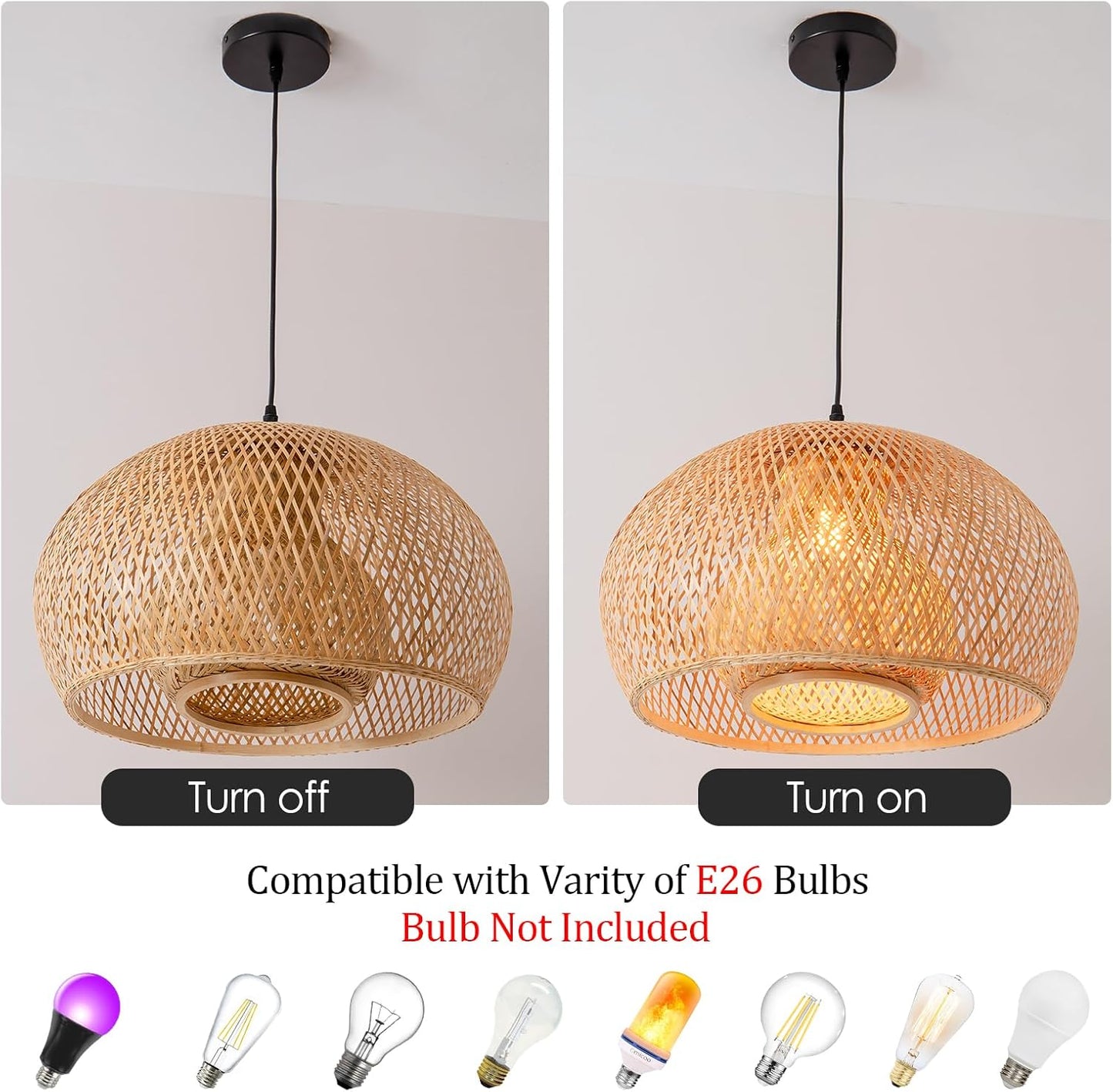 23.6" Bamboo Pendant Light Hand-Woven Rattan Hanging Lamp Boho Bamboo Chandelier for Dining Living Bedroom Kitchen Farmhouse