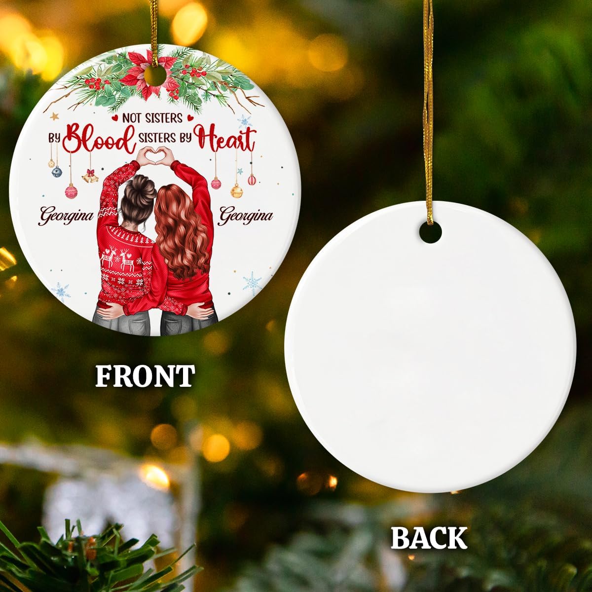 Personalized Best Friend Ornament - Not Sisters by Blood Ceramic Ornaments Friendship Ornament Gifts for Bestie BFF Soul Sister Hanging Xmas Tree Decor