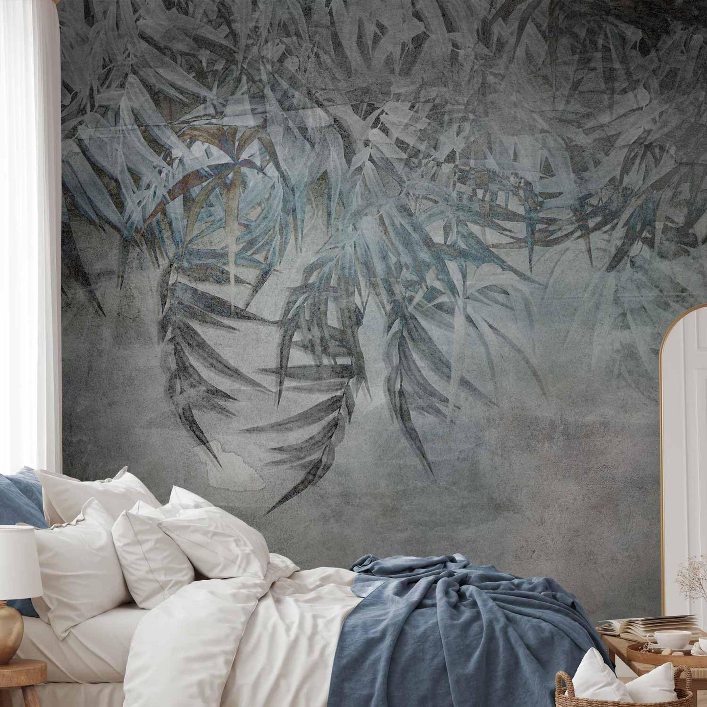 artgeist Premium Wall Mural Leaves 177x124 in - XXL Non-Woven Wallpaper Fleece Wall Decor Photo Print Picture Image Design Palm Leaves Concrete Nature Grey b-C-10103-a-a