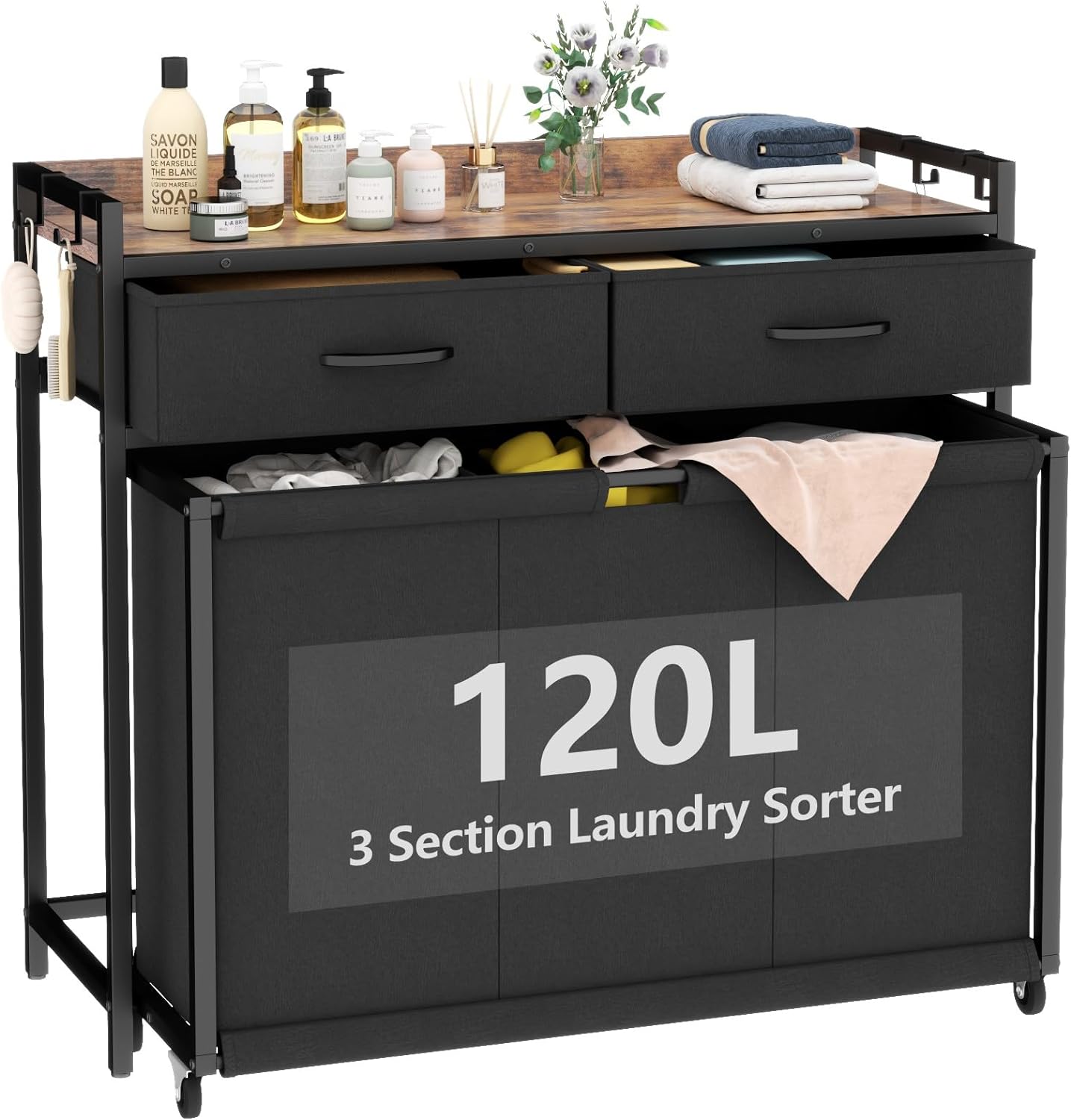 Laundry Hamper Laundry Basket with 3 Section Pull-Out Rolling Bags, Laundry Sorter for Organization and Storage with 2 Pull-Out Drawers for Laundry Room, Bathroom, Bedroom Use (Rustic Brown)