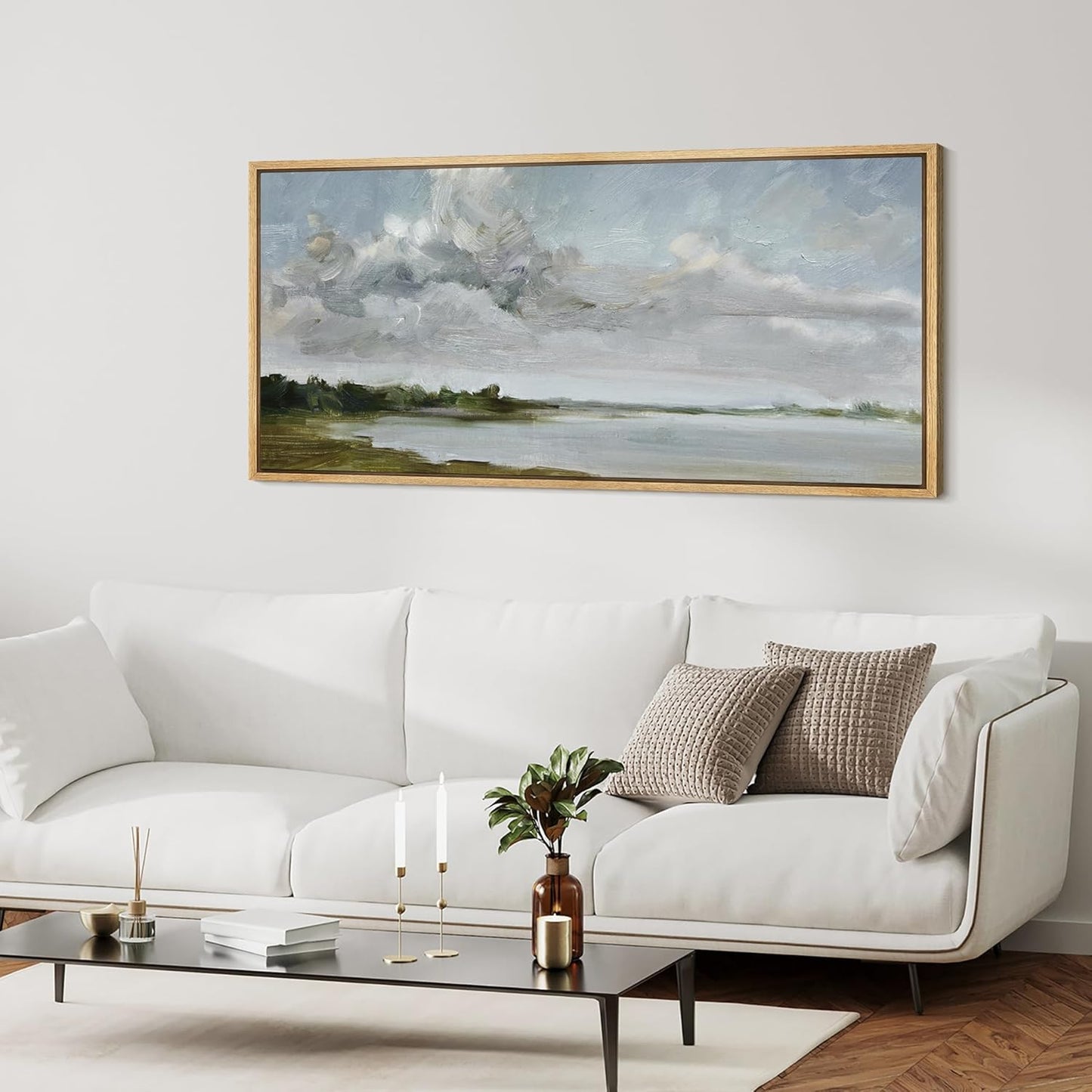 MUDECOR Extra Large Framed Canvas Print Wall Art Tranquil Landscape Soft Brushstroke Lake Scene Illustrations Antique Retro Fine Art Illustrations Decorative Colorful for Bedroom - 60"x30"