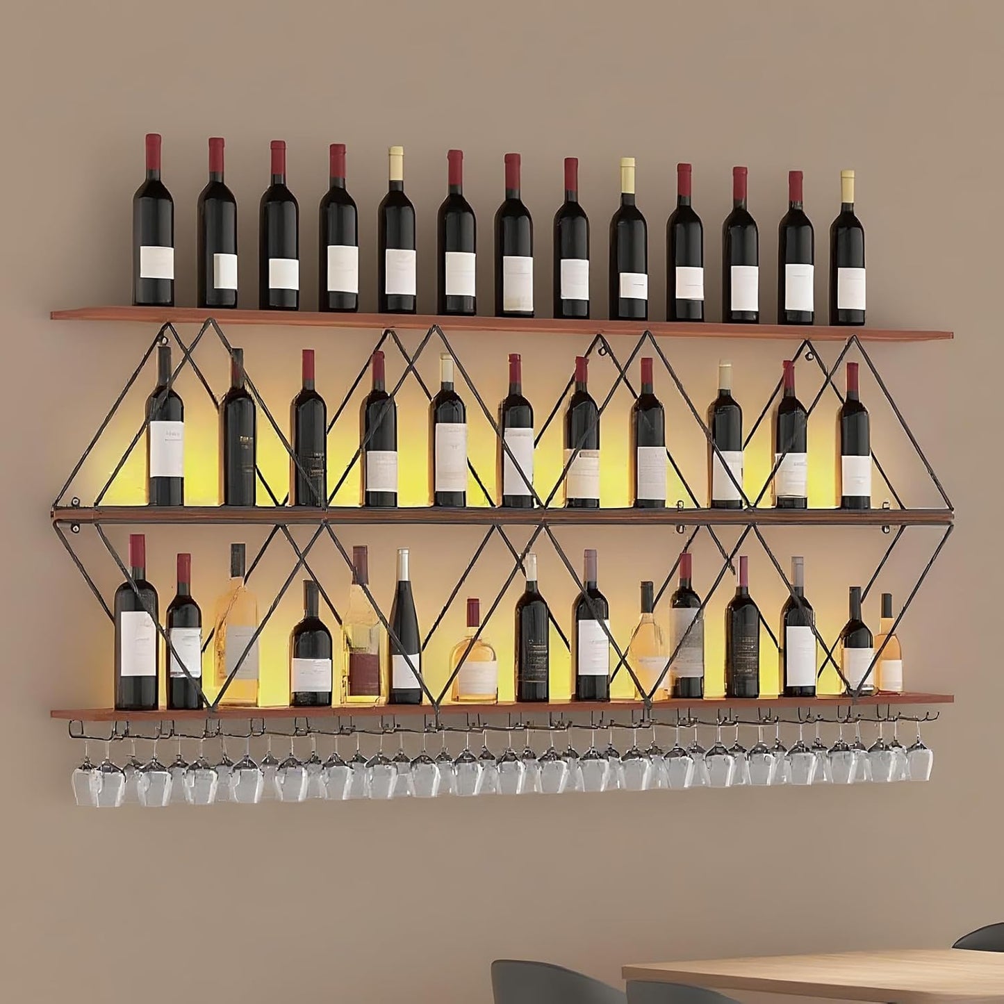 71in Wine Rack Wall Mount with Glass Holder, 3-Tier Floating Wine Rack, DIY Multi-Function Bar Wine Bottle Display Rack for Commercial Restaurants, Tea Rooms, Bars, Wine Cellars