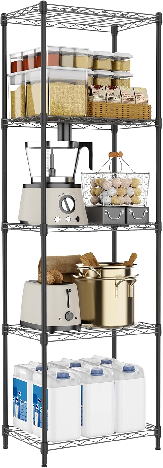 5 Tiers Shelf Metal Storage Shelves Wire Rack Closet Organizers with Wheel for Garage Kitchen Bathroom Laundry Black 11.8" D x 17.7" W x 55" H