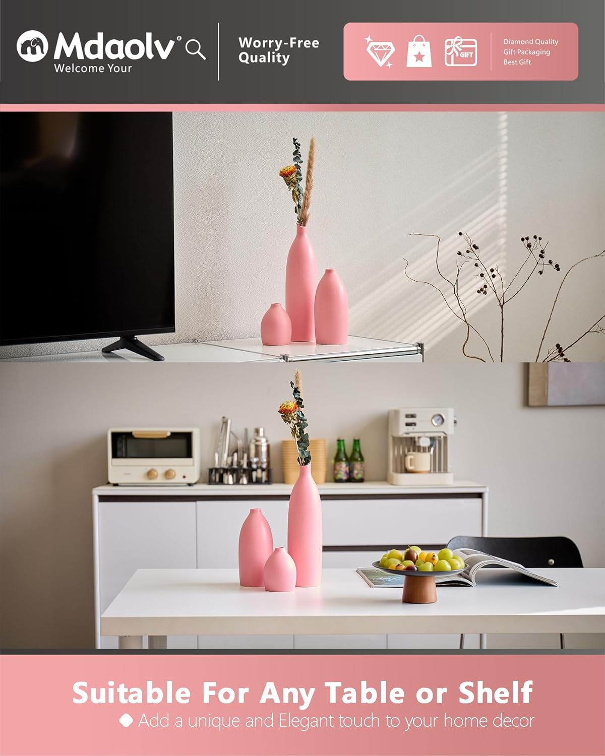 Matte Pink Vase Set of 3 - Modern Boho Aesthetic Bud Ceramic Vases Home Decor - Centerpieces Decor for Dining Table Living Room Coffee Table Bookshelf Mantle Entrance Console Decorations (Pink)