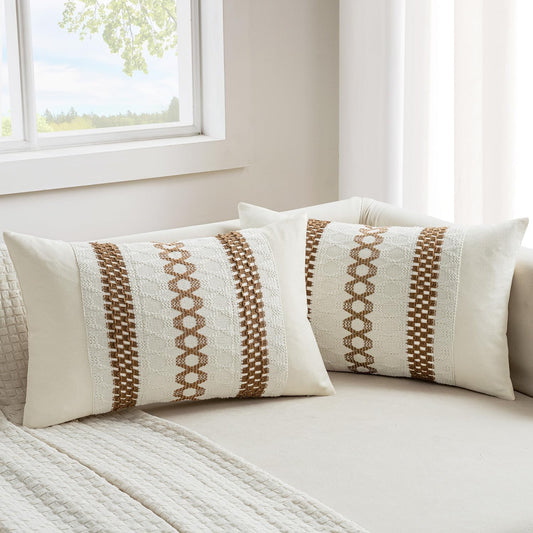 MIULEE Set of 2 Coco Brown Boho Decorative Lumbar Pillow Covers 12x20 Inch Farmhouse Rustic Couch Throw Pillows Modern Cotton Cushion Covers Retro Cute Macrame Woven Home Decor for Bed Sofa Chair