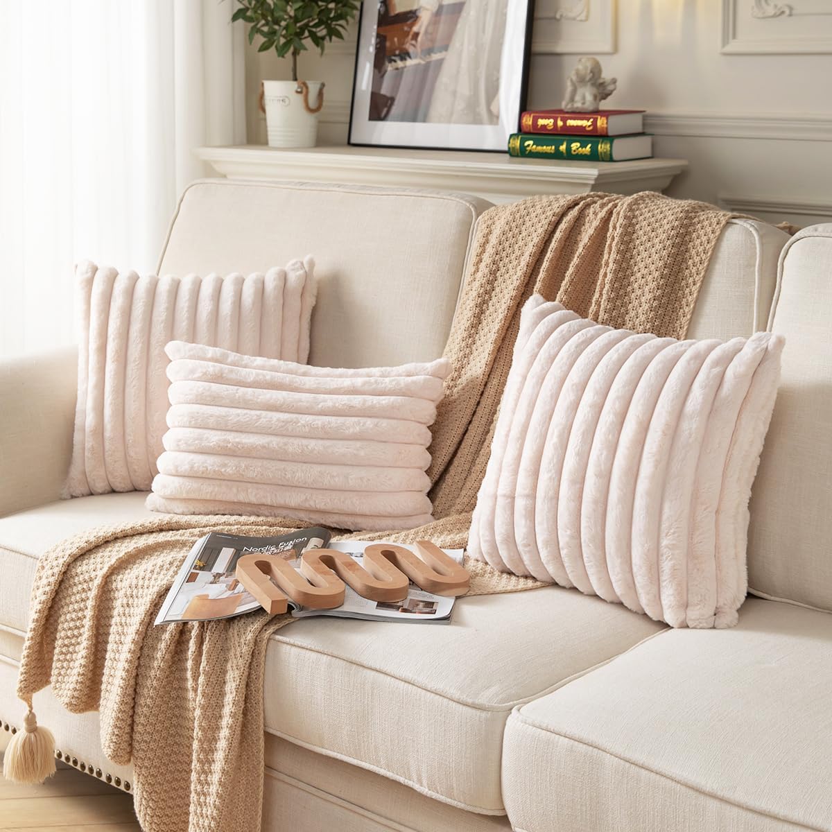 DEELAND Pack of 2,Double-Sided Faux Fur Plush Decorative Throw Pillow Covers Fuzzy Striped Soft Pillowcase Cushion Covers for Sofa Couch Bedroom Beige 24x24 inch