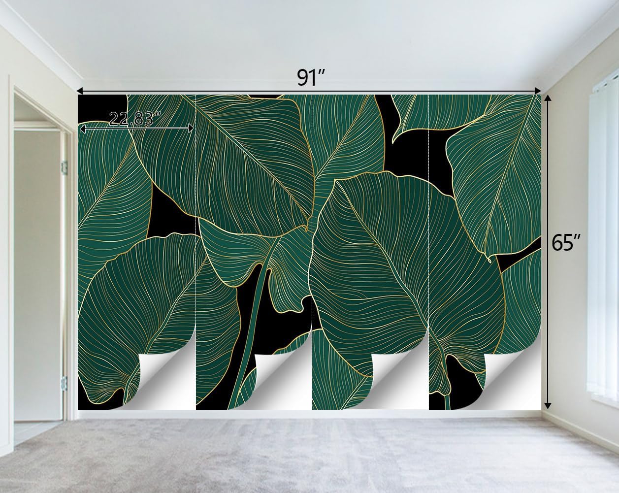 Black and Gold Leaf Mural Bedroom Tropical Green Botanical Wallpaper Room Plant Decor Living Room tv Background Large Wall Mural - 91"x65" (Not Peel and Stick)