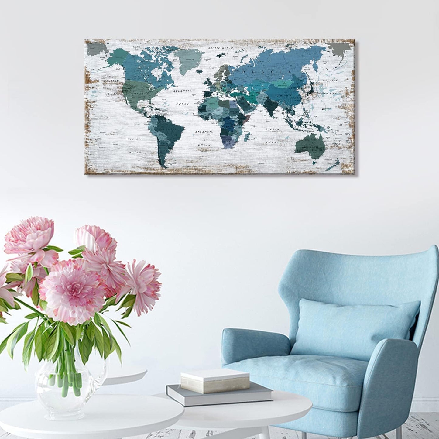 Teal Decor World Map Canvas Wall Art Pictures for Living Room Wall Decoration Blue Wall Decor Office World Map Wall Art Picture Framed Artwork for Home Bedroom Decoration 29"x58"