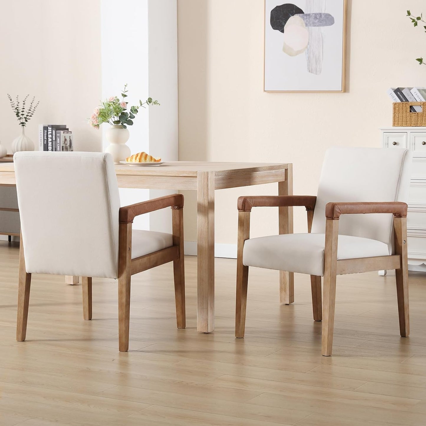 Kmax Modern Dining Chairs Set of 2 Linen Fabric Kitchen Arm Chairs Upholstered Accent Chairs with Wooden Legs for Dining Room, Living Room, Bedroom, White