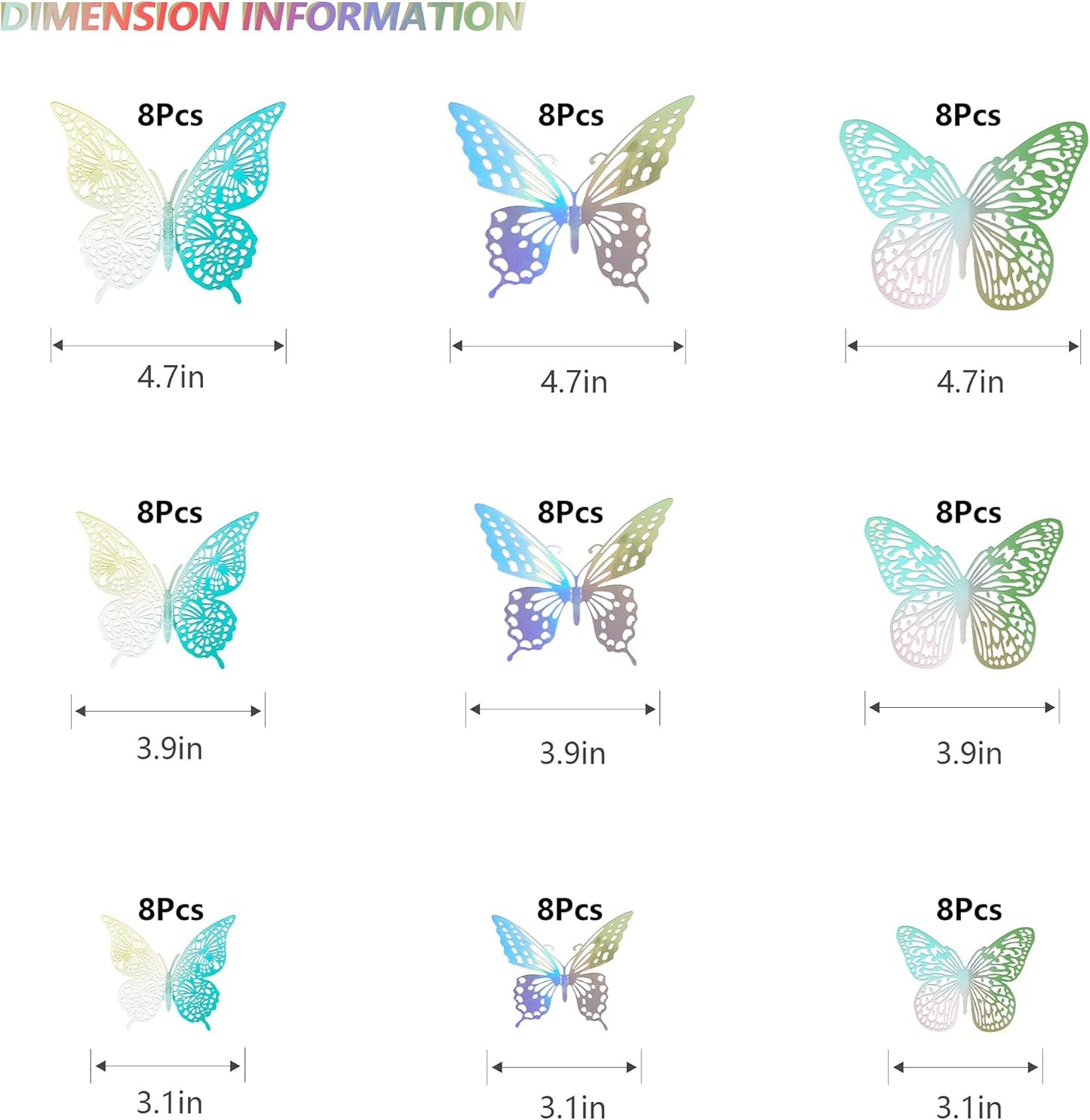 SAOROPEB 3D Butterfly Wall Decor, 72 Pcs 3 Styles 3 Sizes, Removable Metallic Wall Sticker Room Mural Decals for Kids Bedroom Nursery Classroom Party Decoration Wedding Decor DIY Gift (Laser)