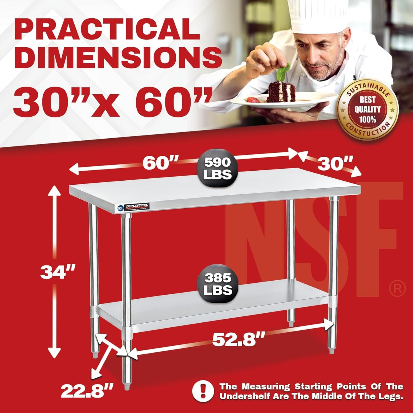 DuraSteel 30x60 Stainless Steel Work Table - NSF Commercial Prep Metal Table - Outdoor Pizza Oven Stand w/Under Shelf - Kitchen Island Laundry Utility Garage Microwave Stand Large Rolling Storage Cart