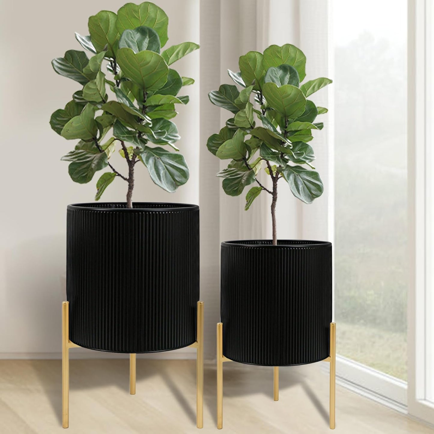 ARNIS Modern Plant Pots, Set of 2 Round Large Planters with Stand, Large Size Metal Pots with Drainage Holes for Living Room, Office, Garden or Balcony, 10.5 &12.25 Inch, Black & Gold