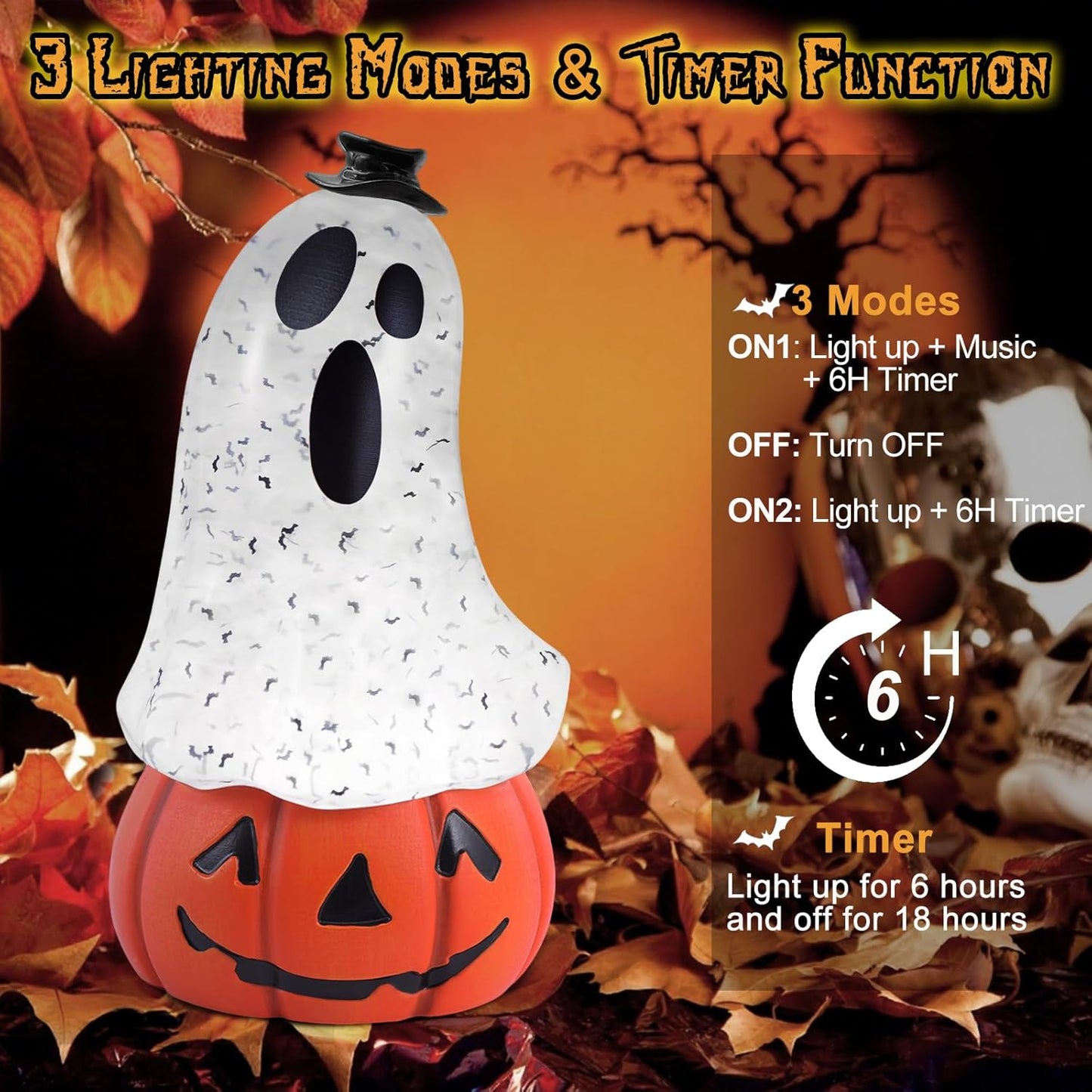 Halloween Snow Globe Lantern Spooky Glost and Pumpkin Halloween Snow Globes Musical Water Glitter Globe with 6H Timer Battery Operated or USB Powered for Spooky Home Decorations (Ghost and Pumpkin)