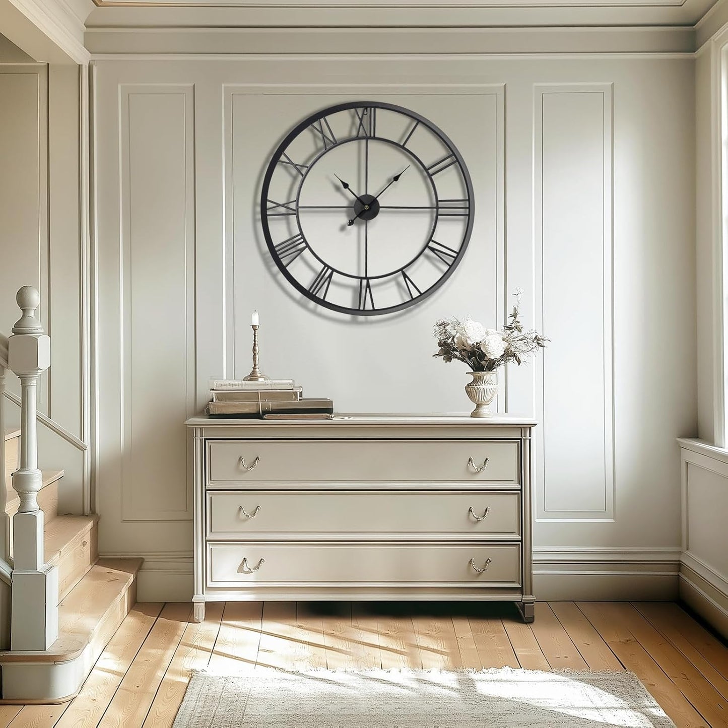 Tatub 32 Inch Large Wall Clock for Living Room Decor, Roman Numeral Modern Round Decorative Metal Large Wall Clock for Bedroom and Kitchen, Silent, Non Ticking, Battery Operated