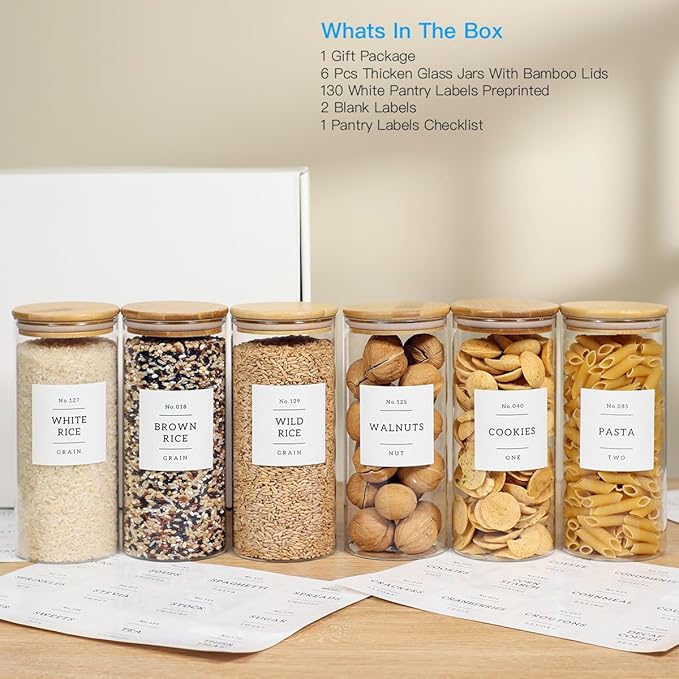 6 Pack Glass Jar with Airtight Bamboo Lid and White 132 Kichen Pantry Labels Preprinted - 28 Oz Clear Round Glass Food Storage Containers set For Tea Coffee Bean Cookie