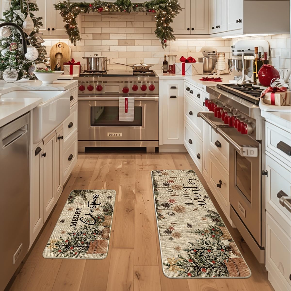 Artoid Mode Holly Ornament Merry Christmas Kitchen Mats Set of 2, Winter Home Decor Low-Profile Kitchen Rugs for Floor - 17x29 and 17x47 Inch