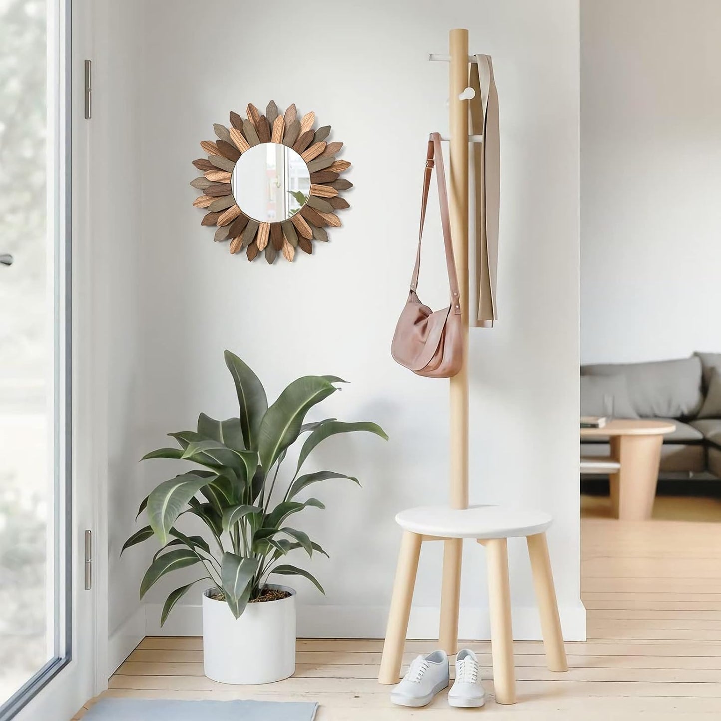 Honiway Boho Wall Decor Mirror 2 Pack 12 inch Rustic Wood Decorative Mirror for Room Decor Rustic Farmhouse Wall Decor for Bedroom Bathroom Living Room Entryway Tril Color