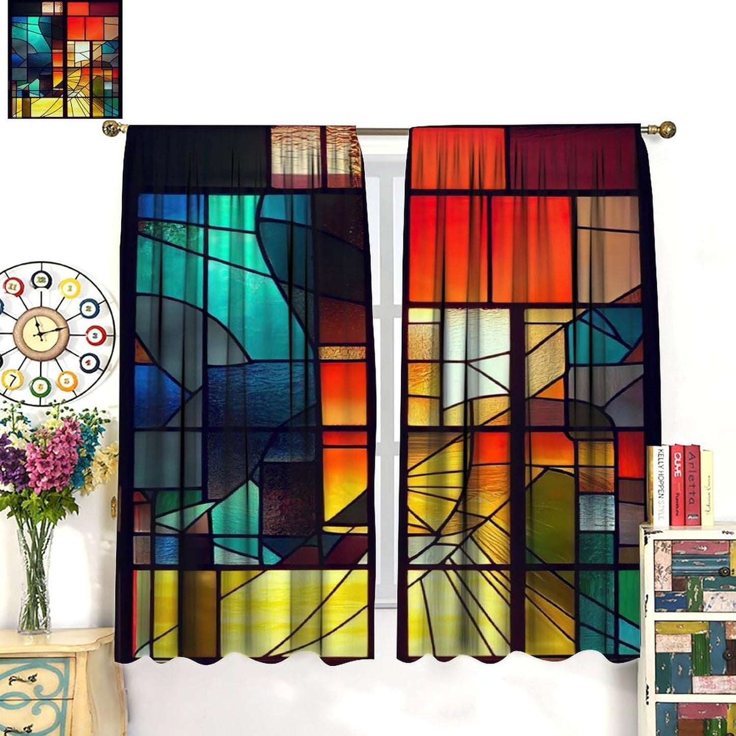 Stained Glass Curtains,Retro Abstract Colorful Geometry Textures Art Home Decor Drapes for Bedroom Living Room Kitchen Window Treatment 2 Panels Set Total Size 72" W X 63" L Inch