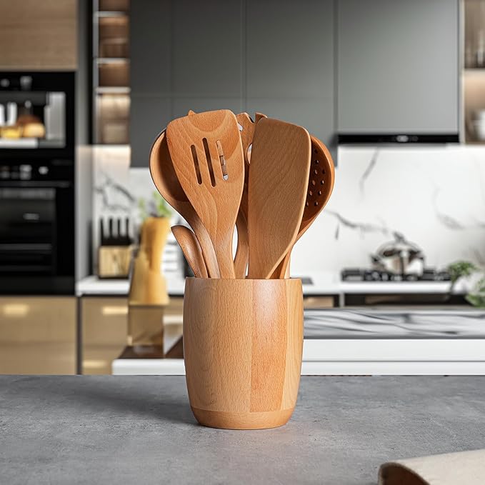 11 PCS WOSPONFAN Kitchen Utensils Set - Wooden Spoons for Cooking, Natural Beech Wood Wooden Utensils - Includes Wooden Spoons, Spatula Set, Slotted Spoon - Handmade Wooden Spoon Set