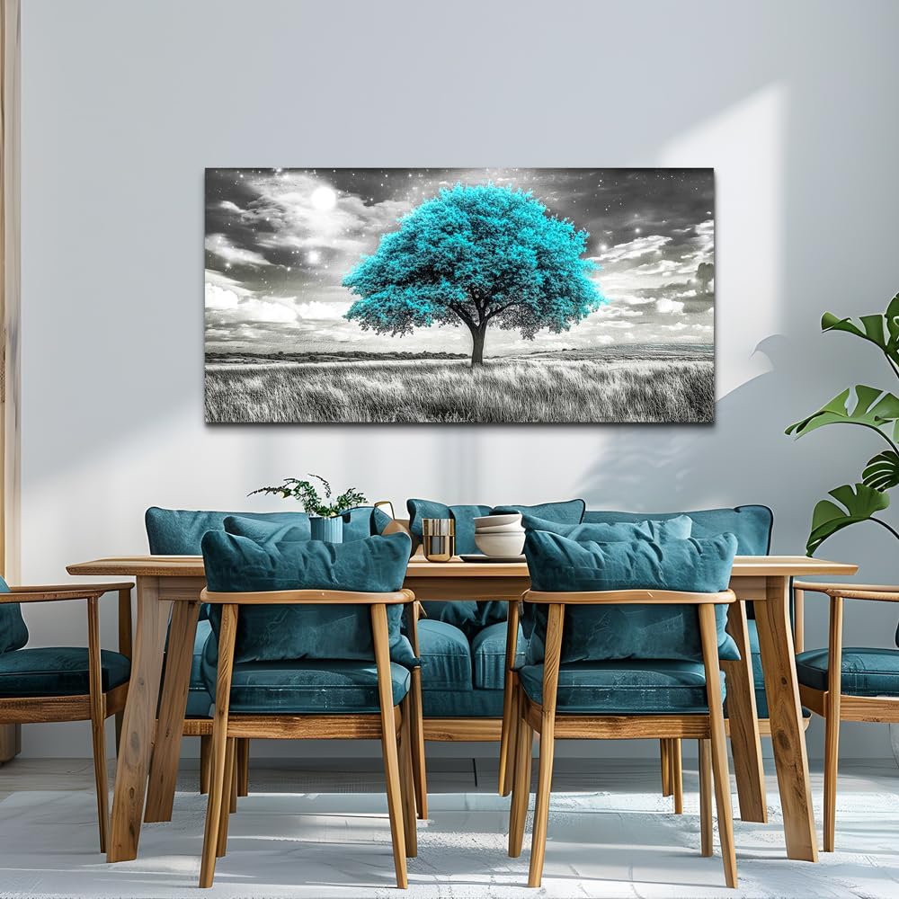 KELIYUAN Modern Canvas Print Wall Art Blue Tree Painting Full Of Stars Black And White Art pictures Natural Landscape Wall Decoration Suitable For Living Room Bedroom Office Framed Stretch 20x40 In