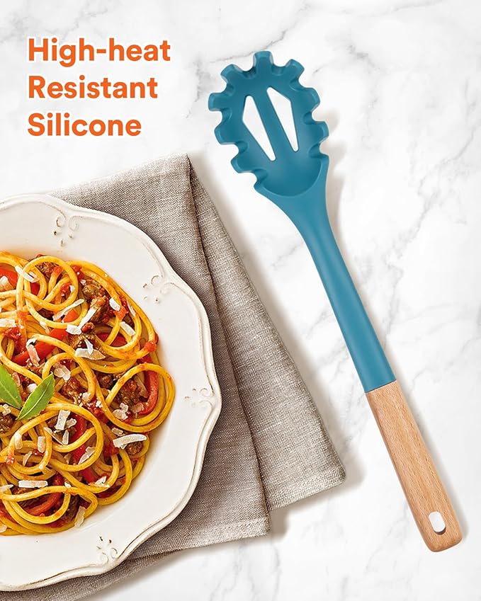 Silicone Pasta Fork, Kitchen Heat Resistant Noodle Spoon Server, BPA Free Spaghetti Strainer,12.8 inch (BLUE)