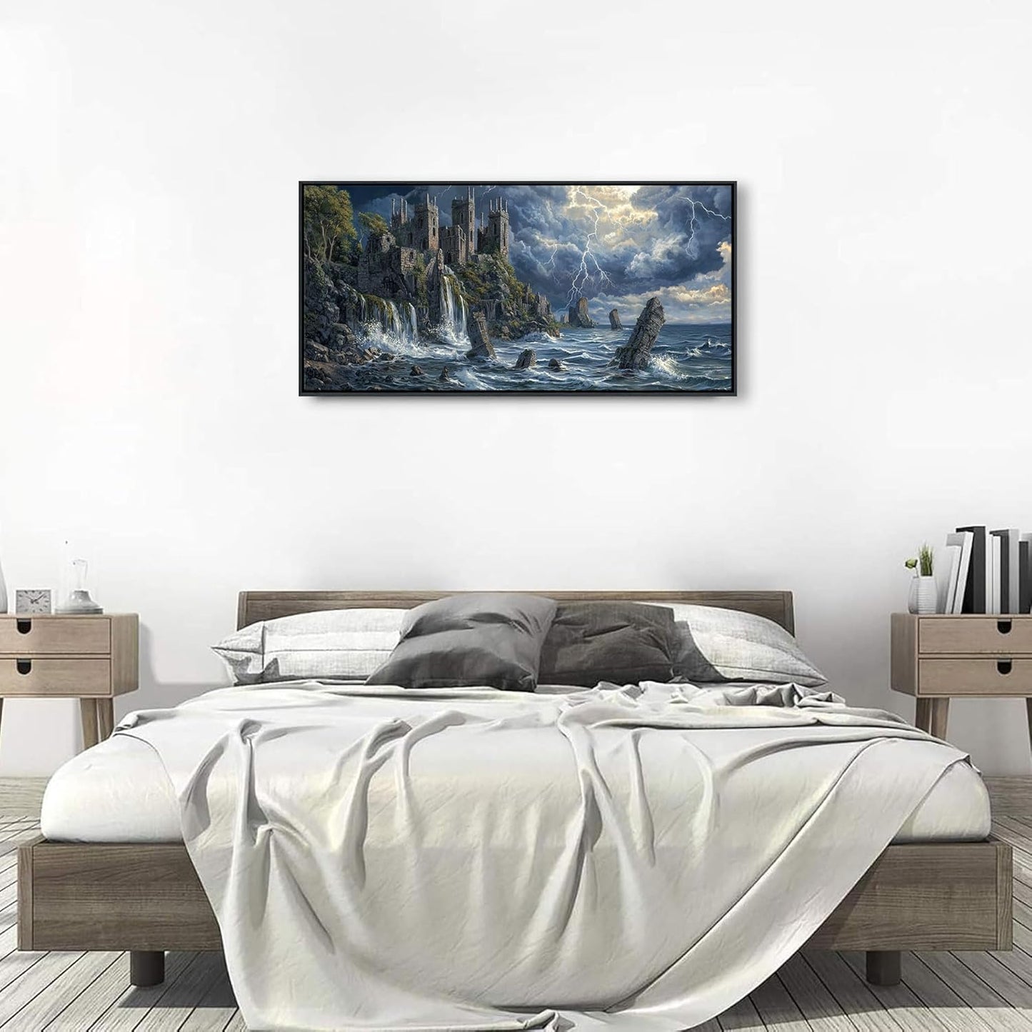 QZQCBLC Large Framed Wall Art - Retro Mystical Castle Landscape Sea Coastal Surface Lightning Realistic Paintings Artwork Picture for Living Room Bedroom Kitchen Home Wall Decor 29"X58"