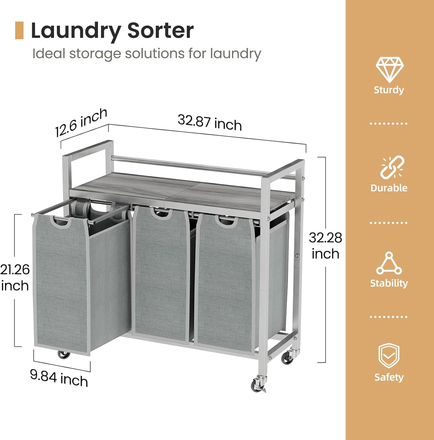 Laundry Hamper, Laundry Basket, Laundry Sorter with 3 Removable Bags, Clothes Basket with 3 Compartments, Wheels, Shelf for Laundry Room Bathroom Bedroom (3 Bags-Gray)