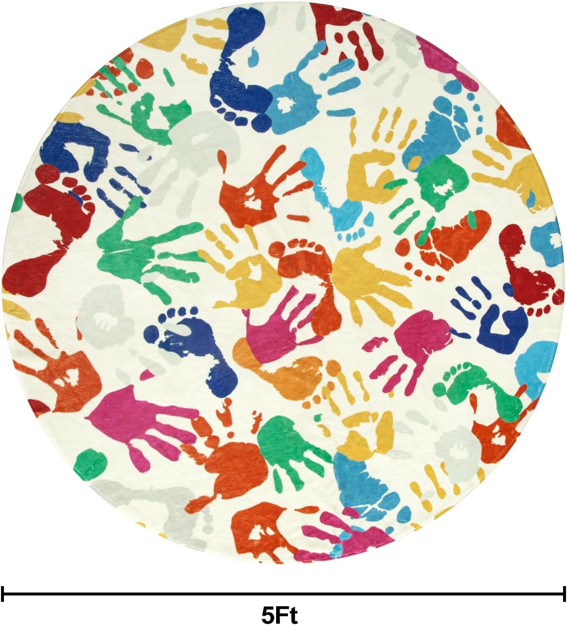 STARUIA Colorful Round Kids Rug 5 Ft, Machine Washable Rug for Playroom, Non-Slip Circle Rugs for Classroom, Soft Circular Carpet Handprints and Footprints Play Mat for Nursery Bedroom Preschool