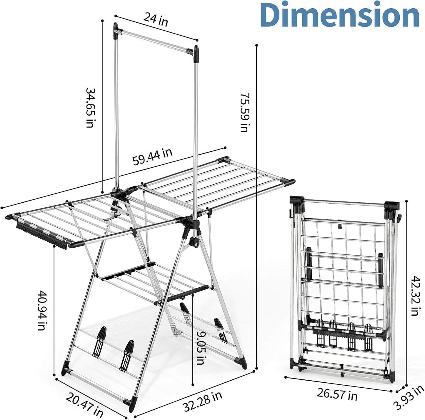 APEXCHASER Clothes Drying Rack with High Hanger, Foldable 3-Level Drying Racks with Shoe Rack, Crossbar and Vertical Rod Laundry Stand with Adjustable Wings Silver