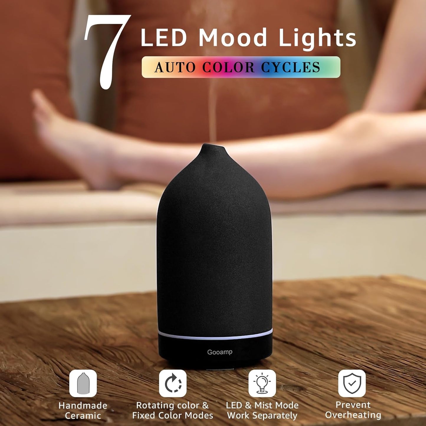 200ML Ceramic Essential Oil Diffuser - Ultrasonic Aromatherapy & Humidifier with 7-Color LED Lights, Auto Shut-Off, Black, 1H/3H/6H Timer | Scent for Home, Office, Yoga