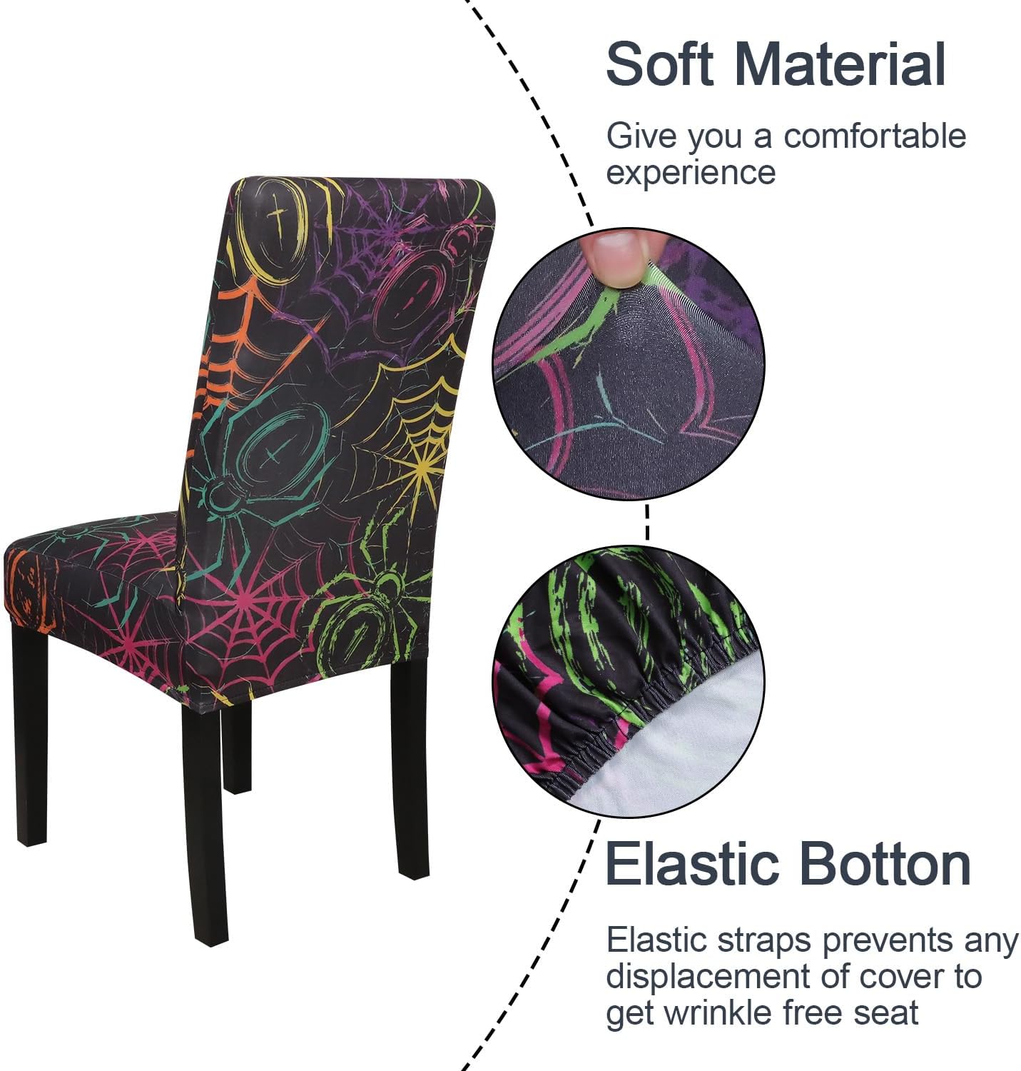 JQinHome Spider Halloween Chair Slipcover,Web Black Chair Covers Set of 6, High Stretch Washable Chair Protector Cover for Dining Room, Kitchen,Home Party,Wedding Ceremony(Spider,6PC)