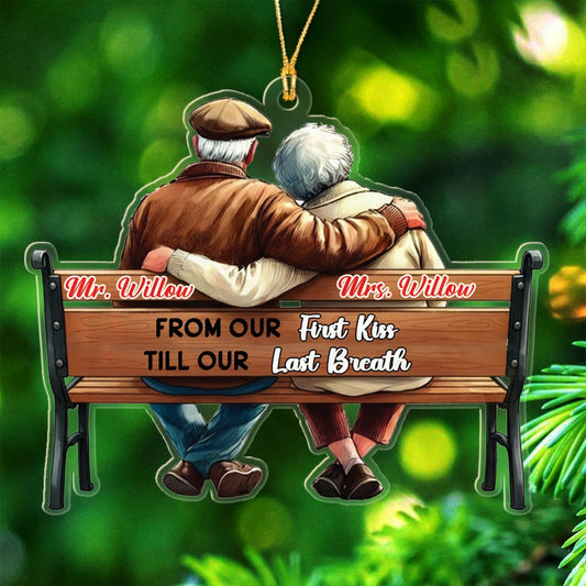 from Our First Kiss Till Our Last Breath Shaped Ornament Gift for Old Couple Husband Wife Dad Mom Grandparents, Personalized Name Mr & Mrs Together Christmas Ornament 2025, Custom Wedding Anniversary