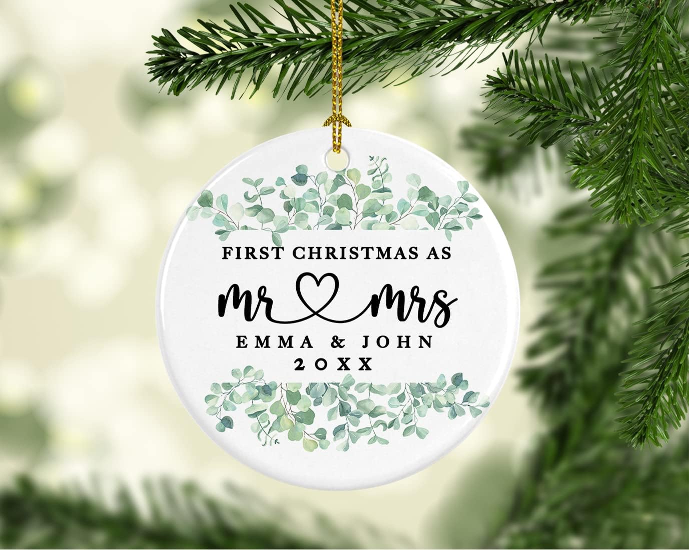 Andaz Press Personalized Our First Christmas As Mr. & Mrs. 2024 Christmas Ornaments Greenery Eucalyptus 2.8" Round Porcelain Ceramic 1st Year Married Custom Ornament Keepsake for Newlyweds 1-Pack