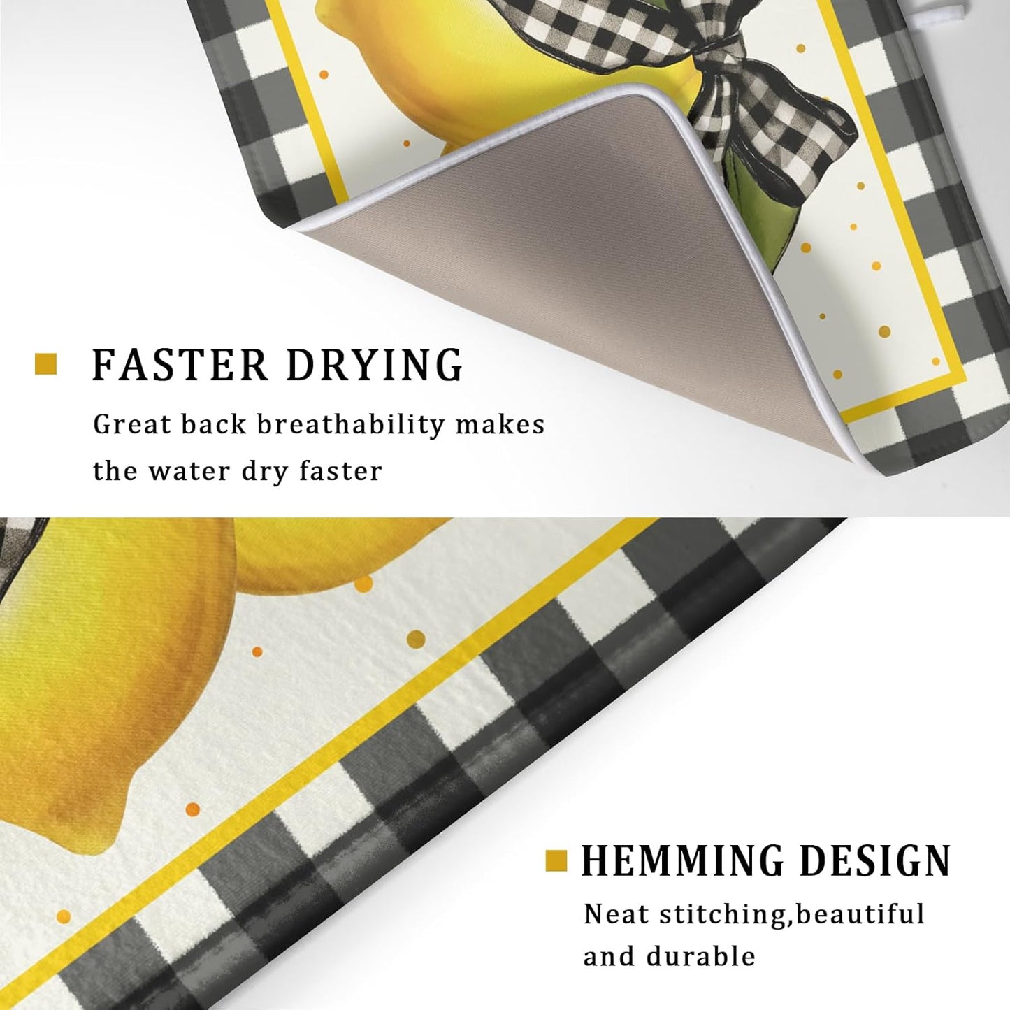 Lemon Dish Drying Mat for Kitchen Counter Spring Summer Black White buffalo Check Plaid Seasonal Absorbent Reversible Microfiber Kitchen Countertop Protector Dishes Pad Large 18x24 inch