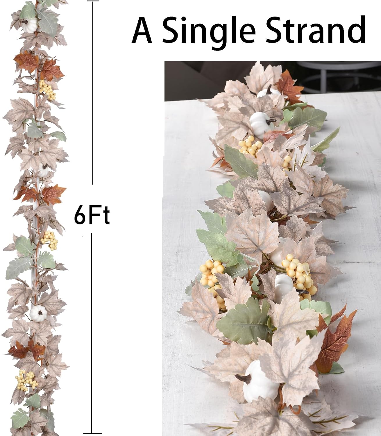 DearHouse Pumpkin Fall Maple Leaf Garland, 6Ft Hanging Vine White Maple Garland Artificial Autumn Foliage Thanksgiving Decor for Home Wedding Fireplace Party Christmas