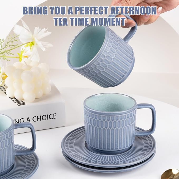 Large Cappuccino Cups with Saucers Set of 4, 8 Ounce Stackable Embossed Ceramic Coffee Mugs for Specialty Coffee Drinks, Latte, Cafe Mocha and Tea, Dishwasher & Microwave Safe (Blue)