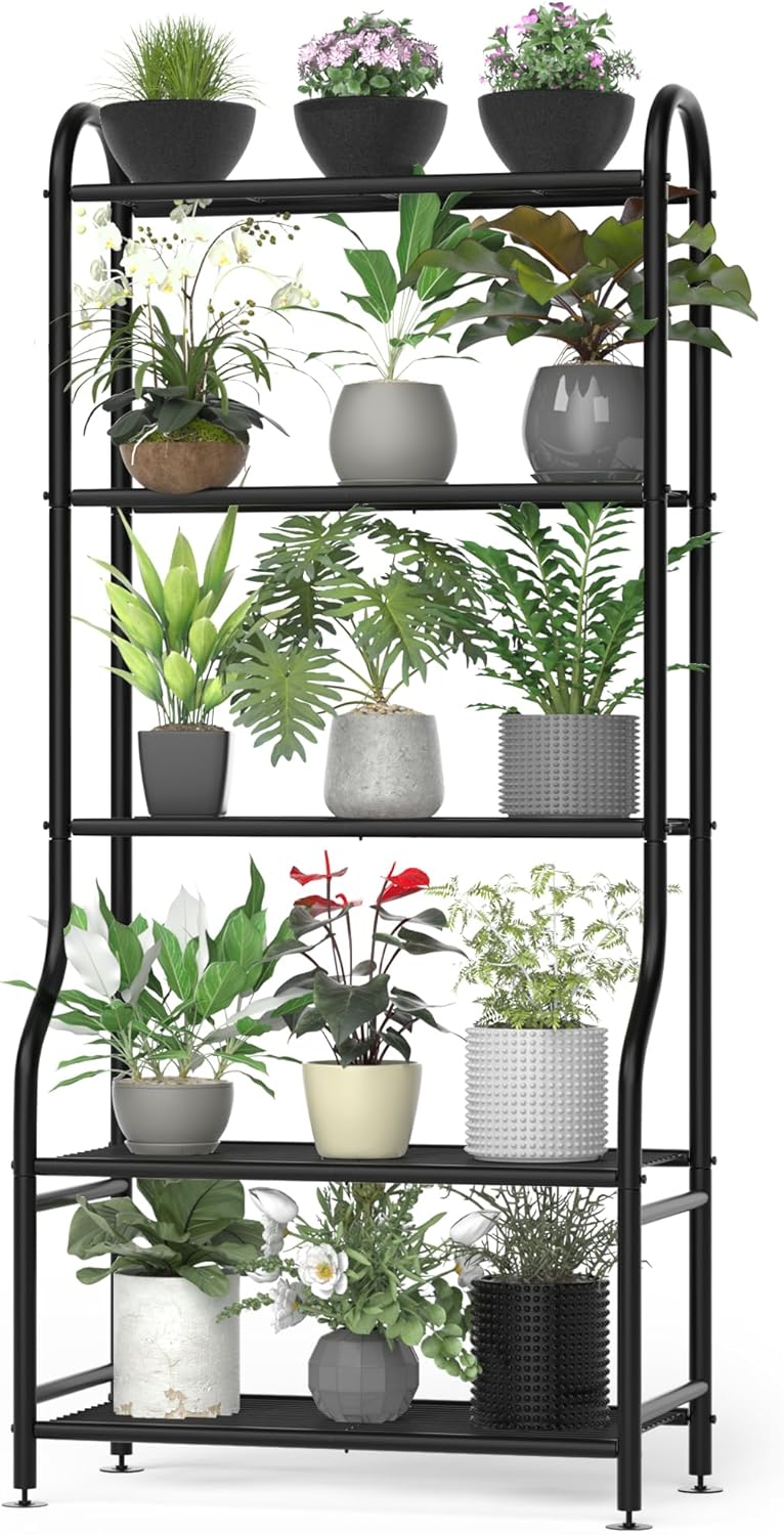 5-Tier Metal Plant Stand Indoor Outdoor, Waterproof Flower Stand for Multiple Pots, Heavy Duty Plant Stands for Living Room Patio Garden Decor, Tall Plant Shelf with Leveling Feet, Black